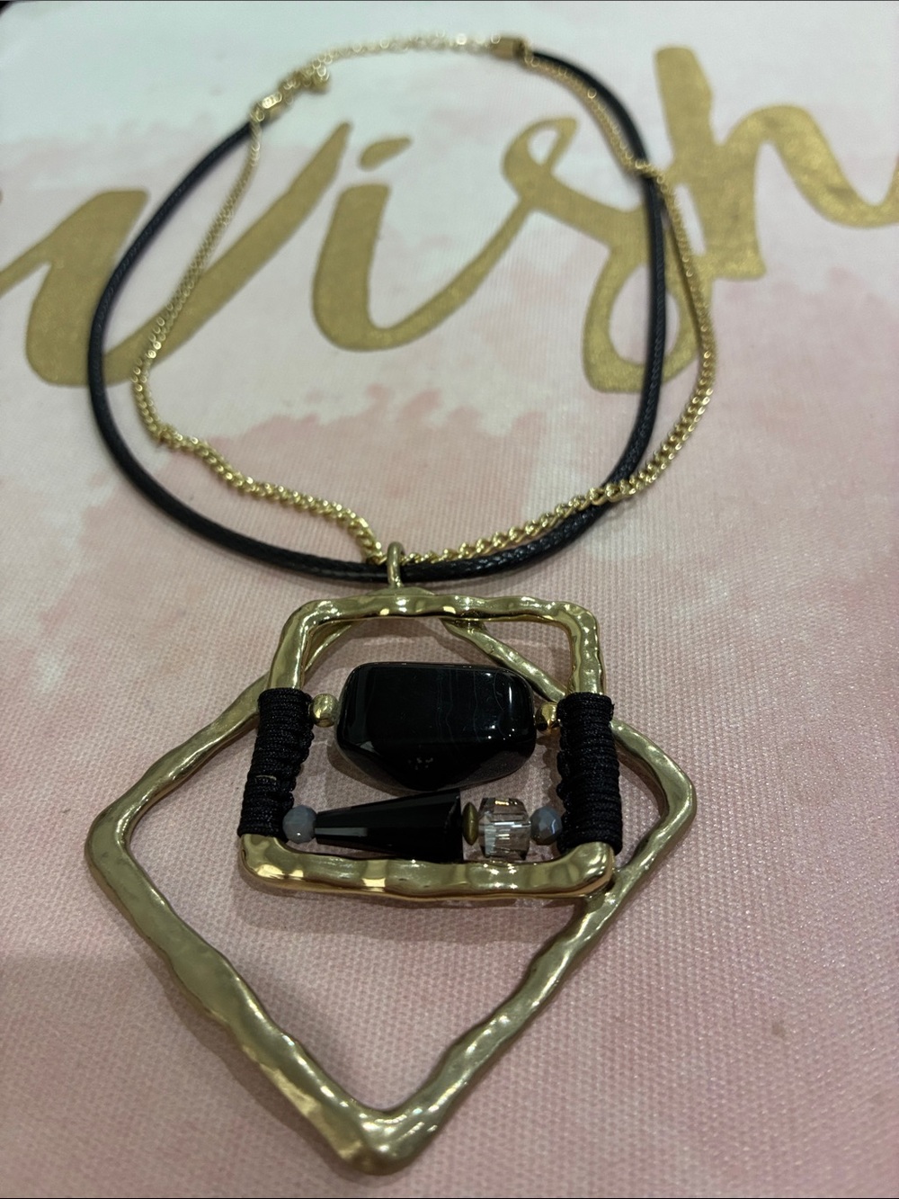 Gold-Tone Geometric Stone Center Moveable Pendant Necklace with Black Accents